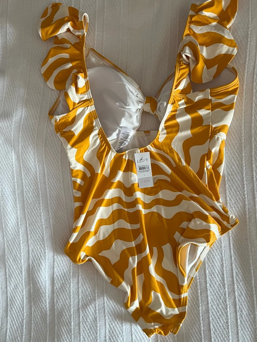 LOFT Yellow and Cream Wave-Print Tie-Front One Piece Swimsuit